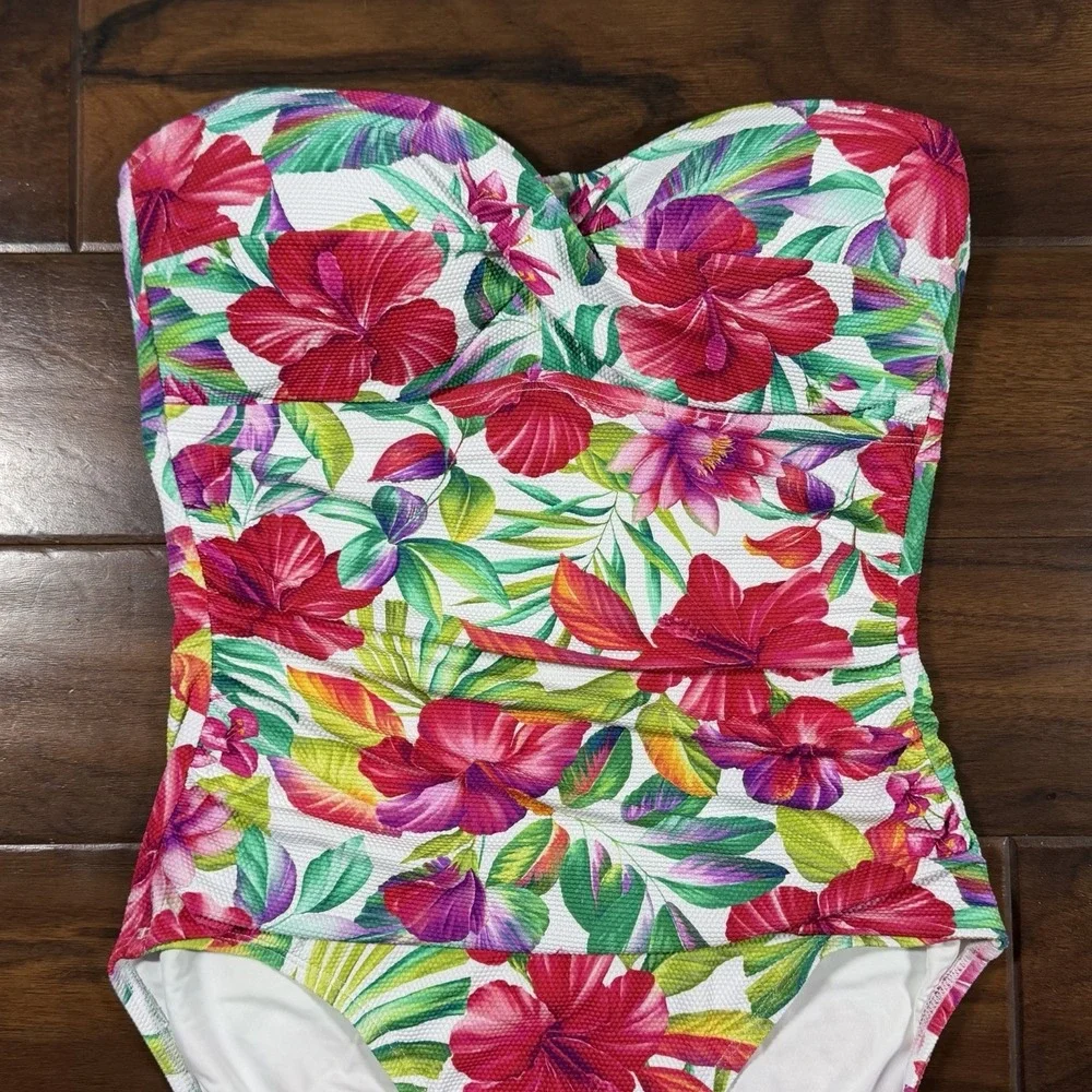 Tommy Bahama Size 10 Island Cays Fiesta Bandeau One Piece Swimsuit White Floral - Picture 2 of 12
